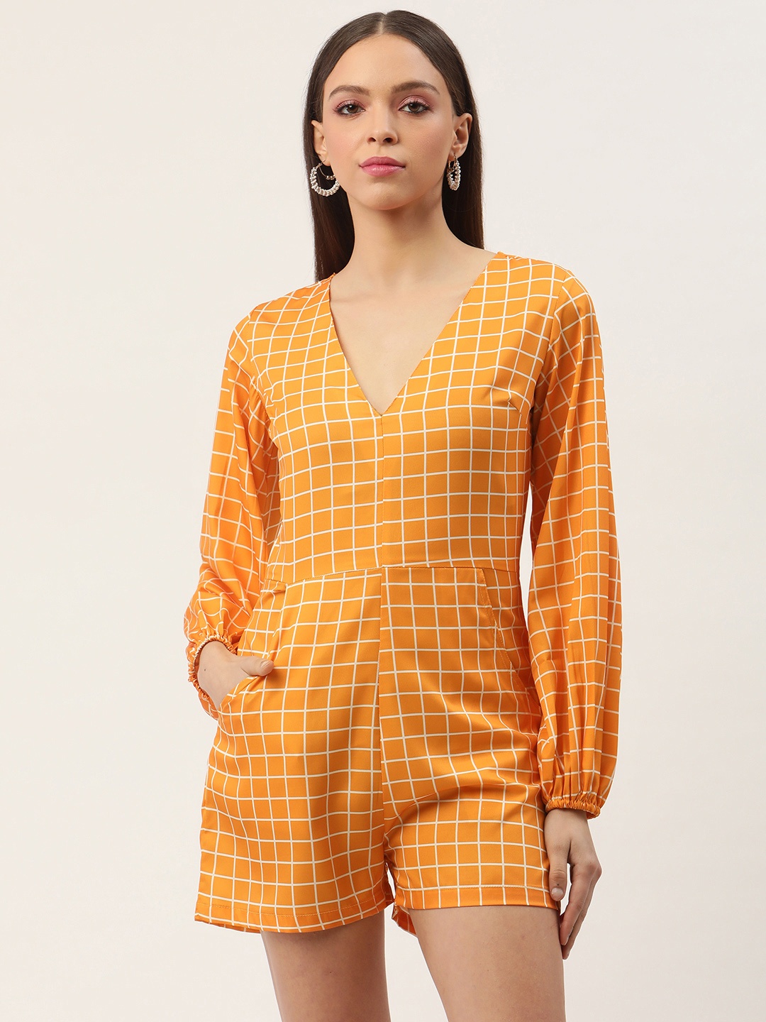 

Sleek Italia Checked Puff Sleeves Playsuit, Yellow