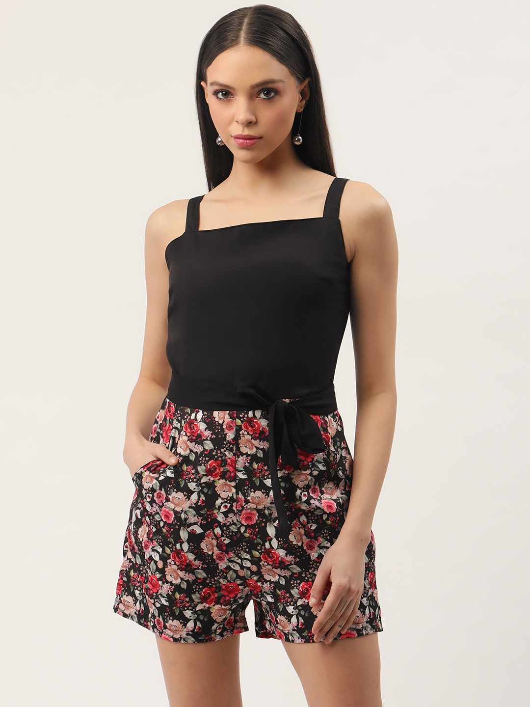 

Sleek Italia Floral Printed Playsuit with Waist Tie-Ups, Black