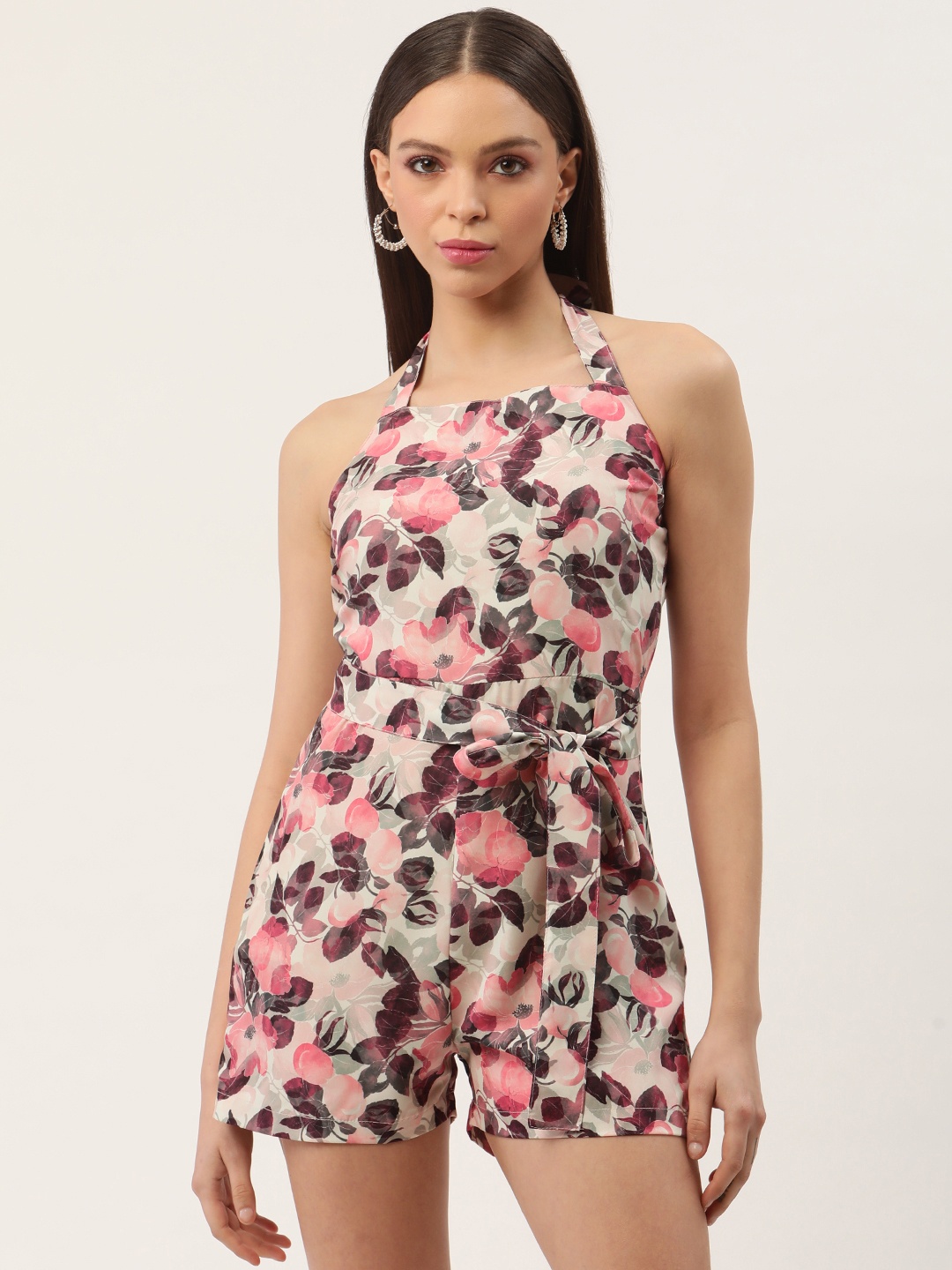 

Sleek Italia Halter Neck Floral Printed Playsuit with Waist Tie-Ups, Beige