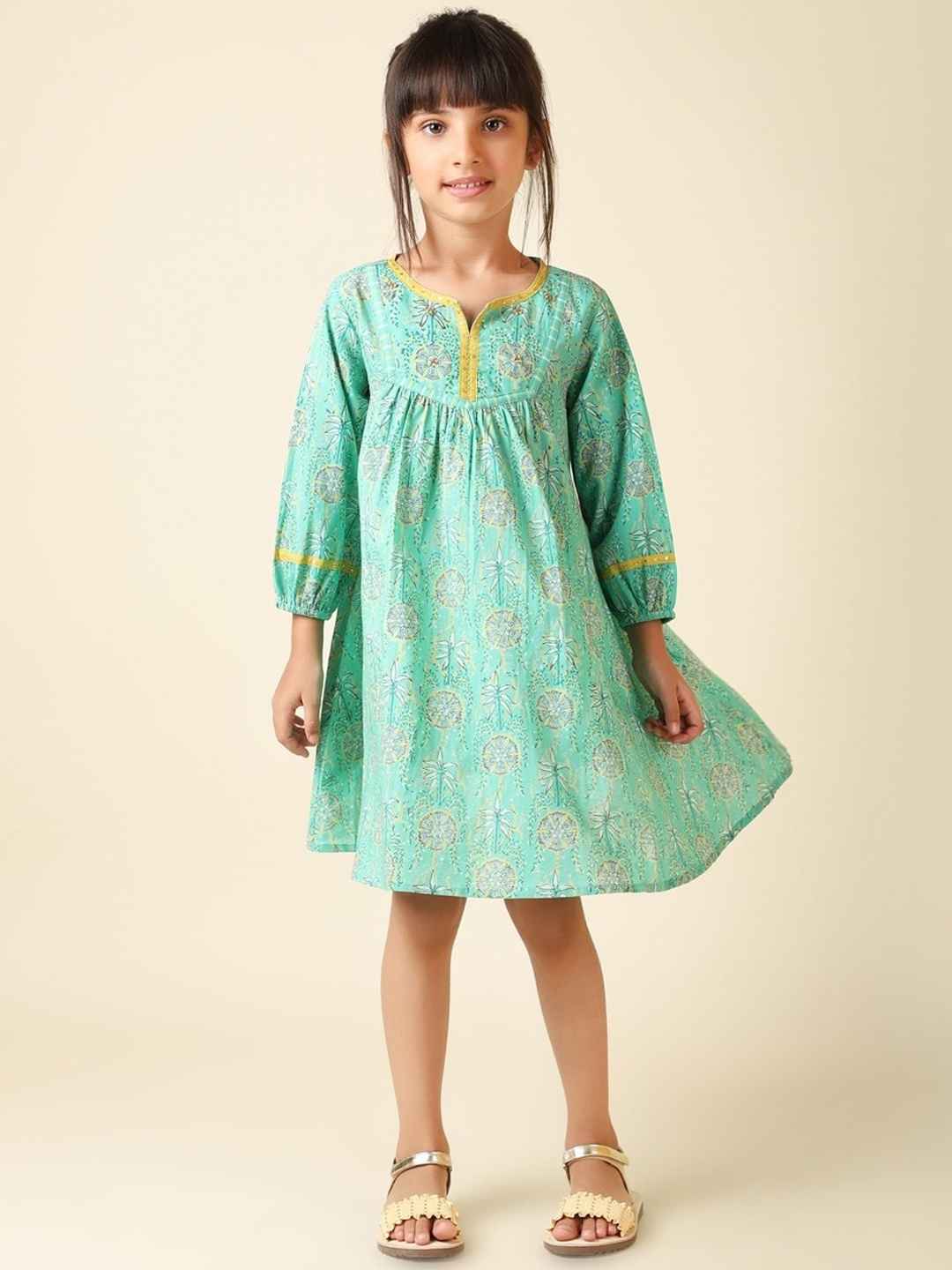

Fabindia Girls Floral Printed Cotton Ethnic Dress, Turquoise blue