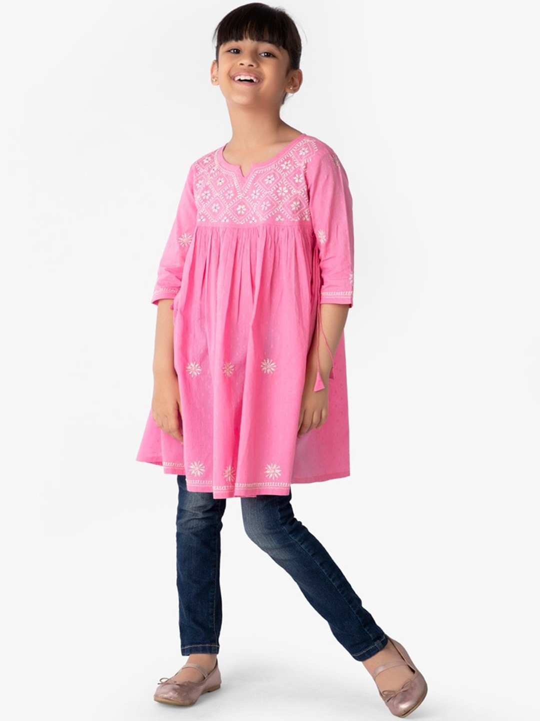 

Fabindia Girls Floral Embroidered Thread Work Cotton Kurta, Pink