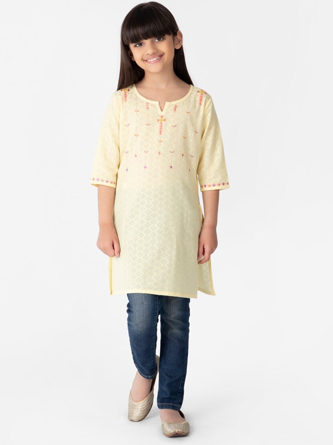 

Fabindia Girls Ethnic Motifs Embroidered Thread Work Cotton Kurta, Yellow
