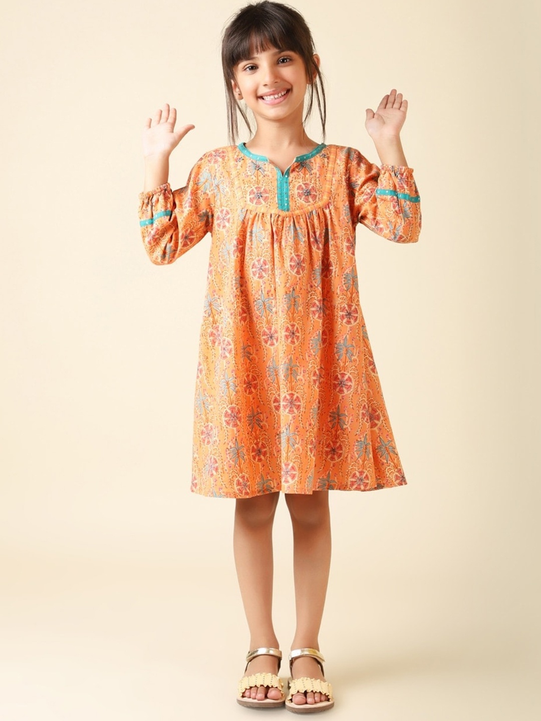 

Fabindia Girls Floral Printed Cotton Ethnic Dress, Orange
