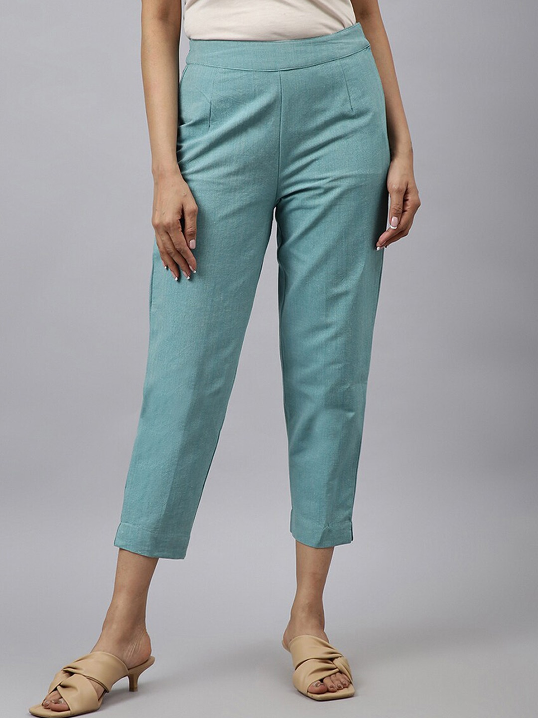 

Fabindia Women Slim Fit Pleated Cotton Trousers, Green