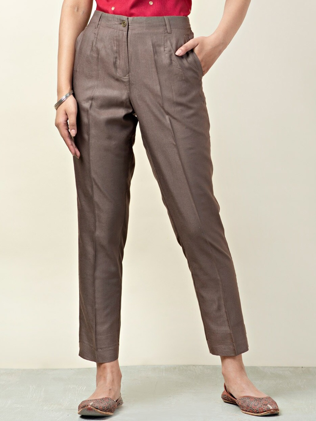 

Fabindia Women Slim Fit Trousers, Brown