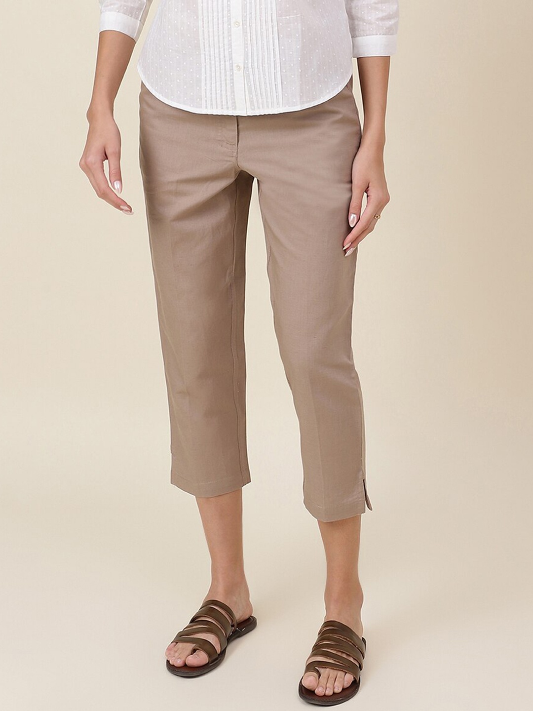 

Fabindia Women Mid-Rise Regular Fit Trousers, Beige