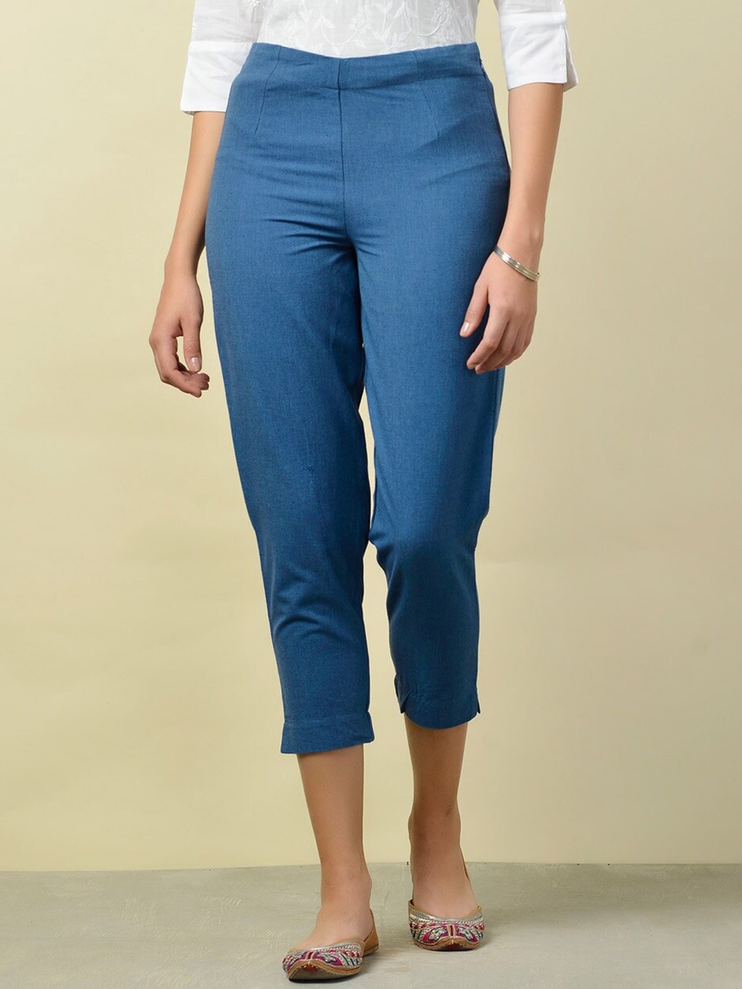 

Fabindia Women Slim Fit Cotton Trousers, Blue