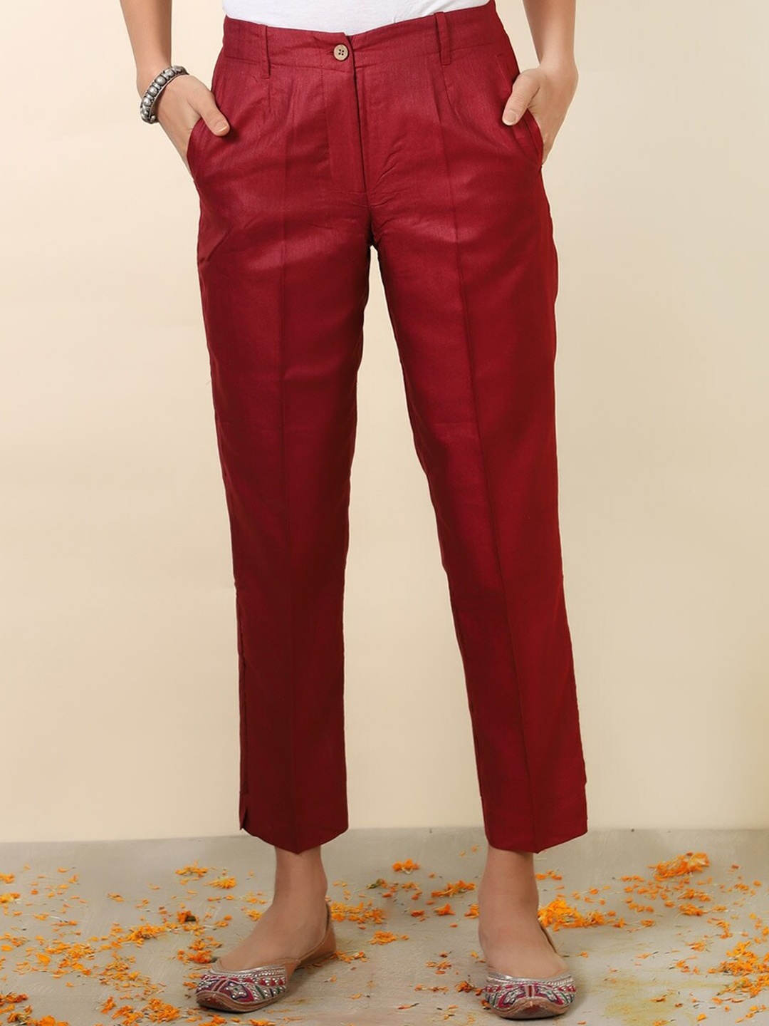 

Fabindia Women Slim Fit Trousers, Maroon