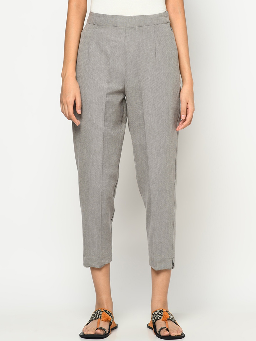 

Fabindia Women Grey Slim Fit Cotton Trousers