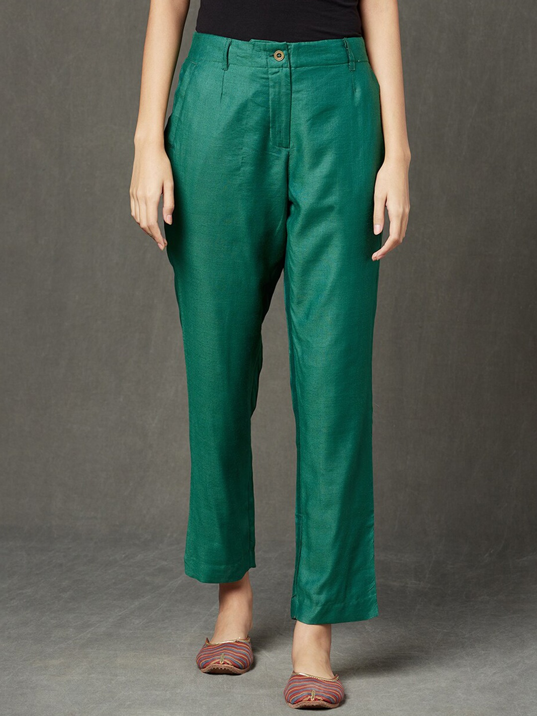 

Fabindia Women Slim Fit Trousers, Green
