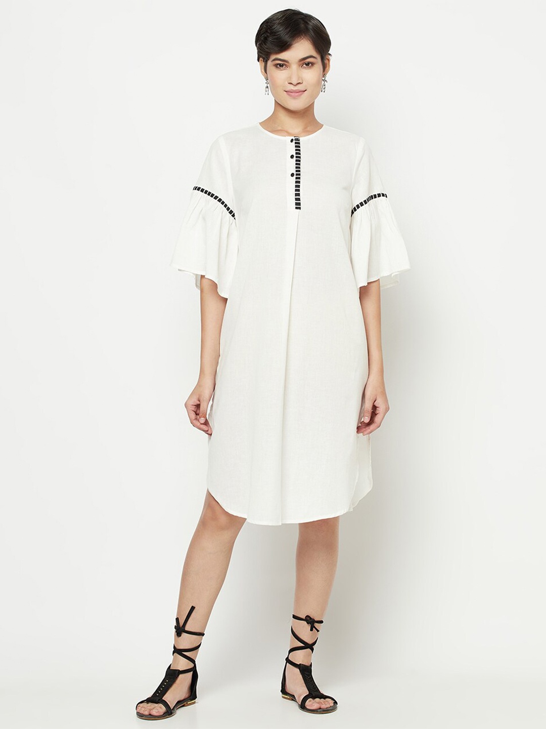 

Fabindia Round Neck Cotton Linen A-Line Midi Dress, White
