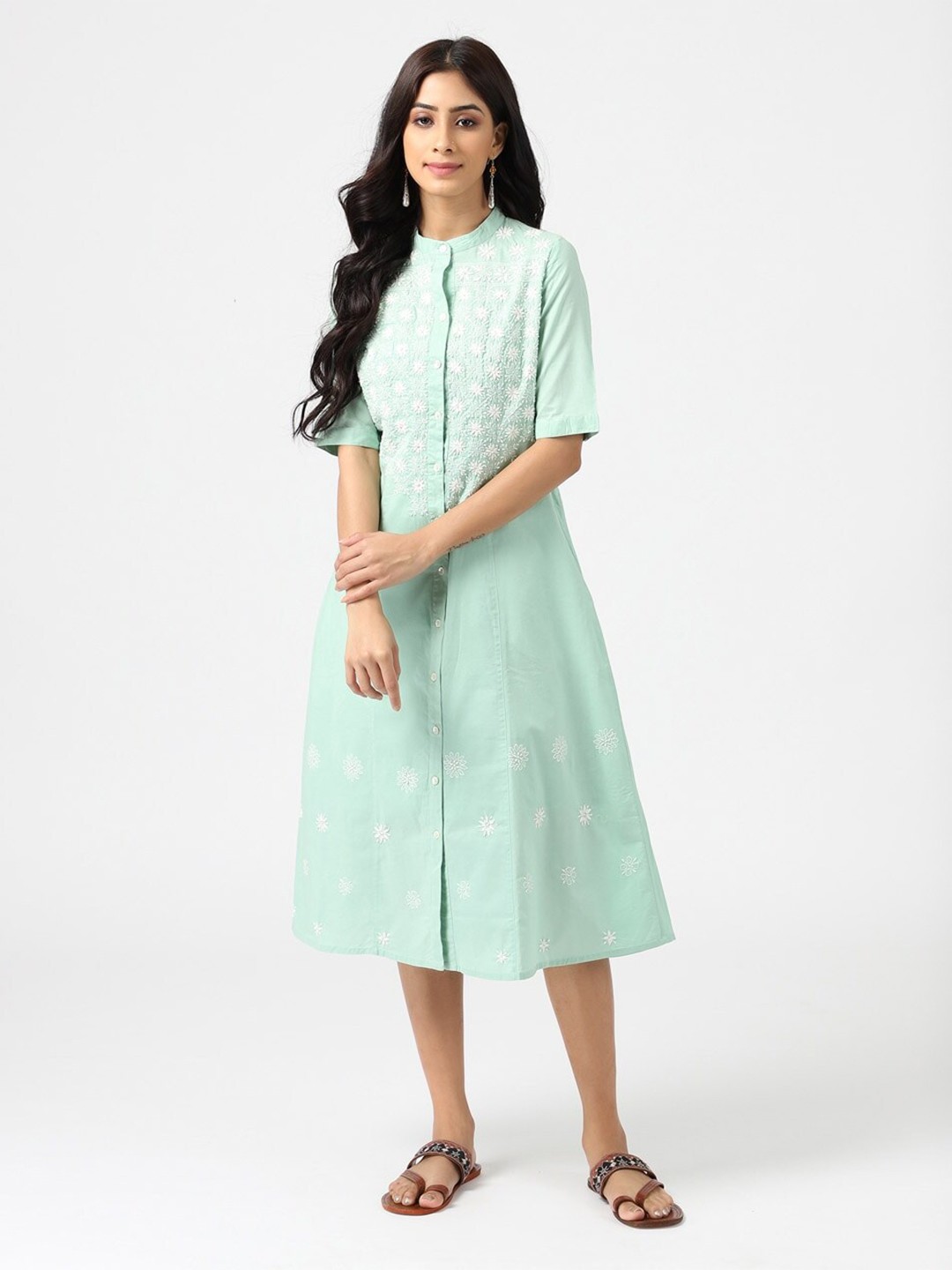 

Fabindia Embroidered Cotton A-Line Midi Dress, Sea green