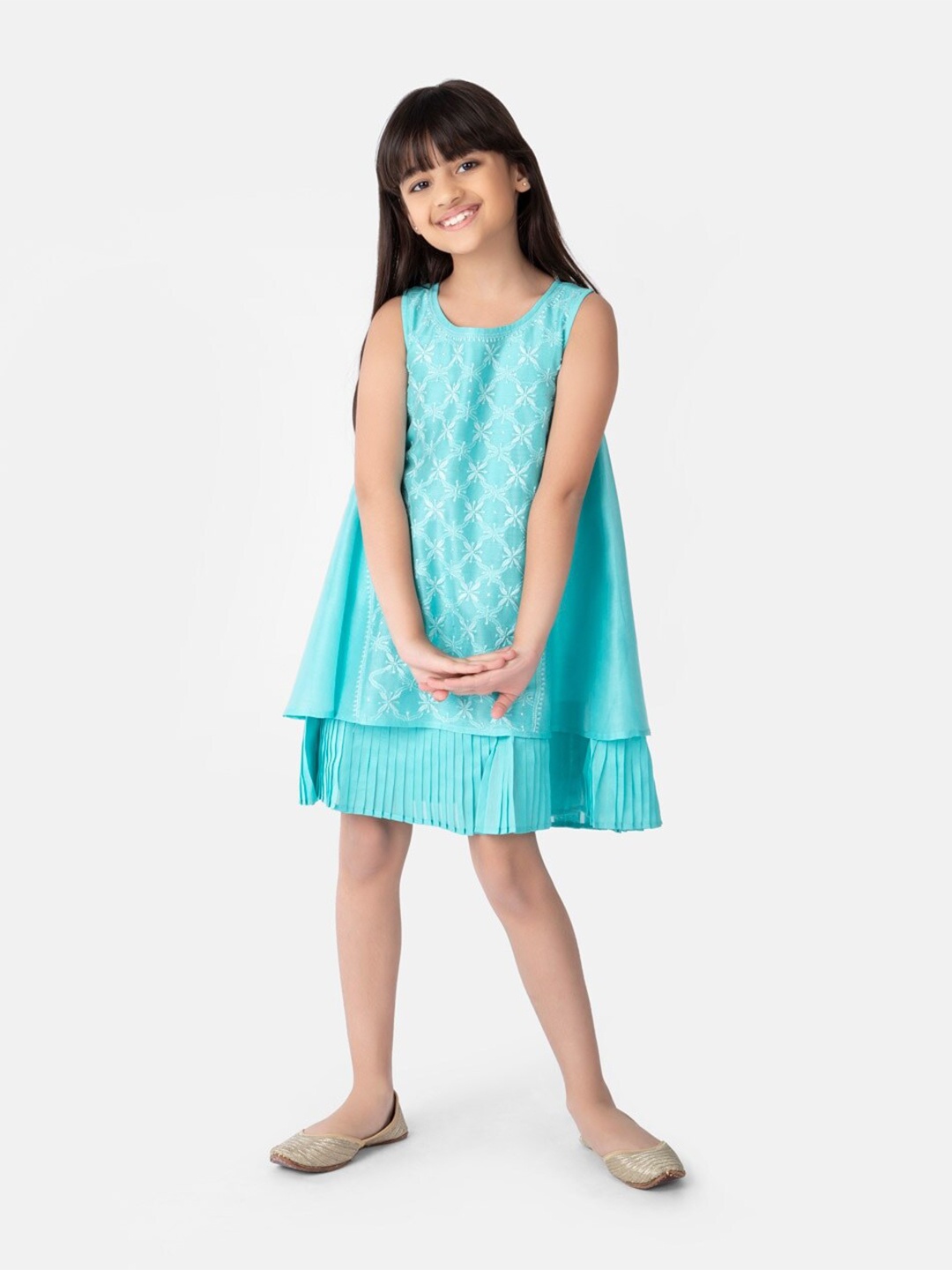 

Fabindia Girls Self Design Cotton Silk A-Line Dress, Turquoise blue