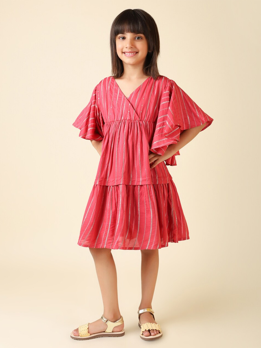 

Fabindia Striped Flared Sleeves Dress, Pink