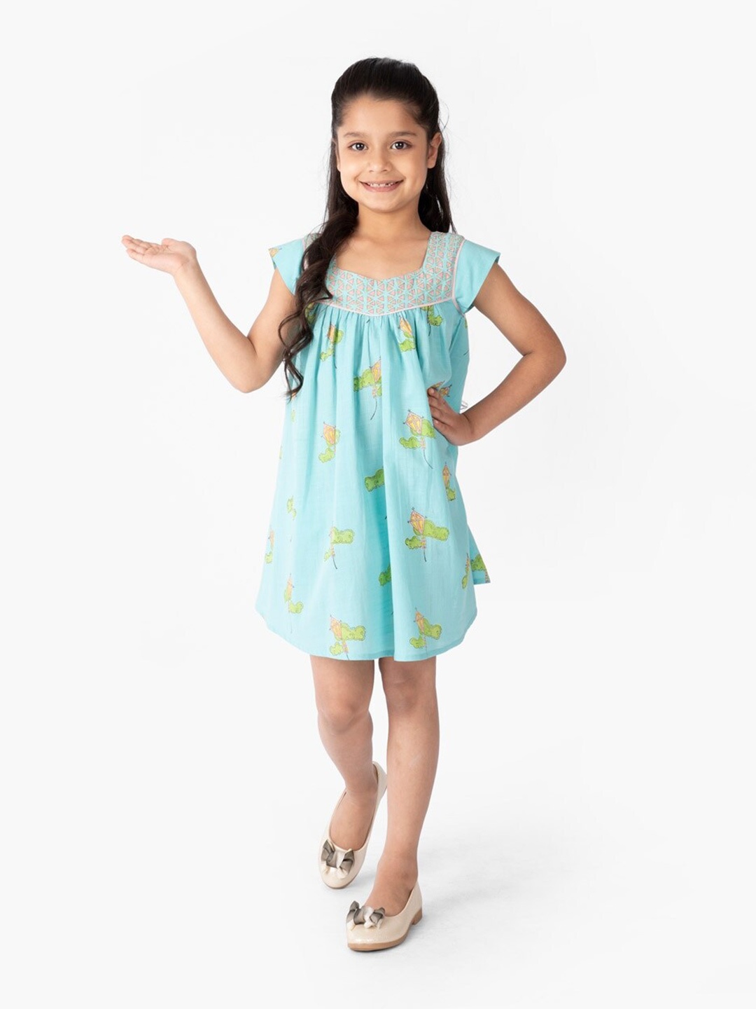 

Fabindia Printed Cotton Floral A-Line Dress, Turquoise blue
