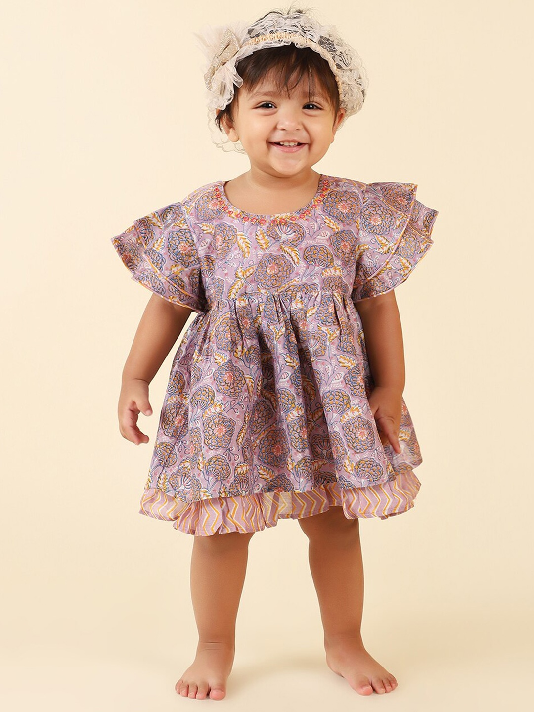 Fabindia Printed Cotton Floral Dress, Lavender