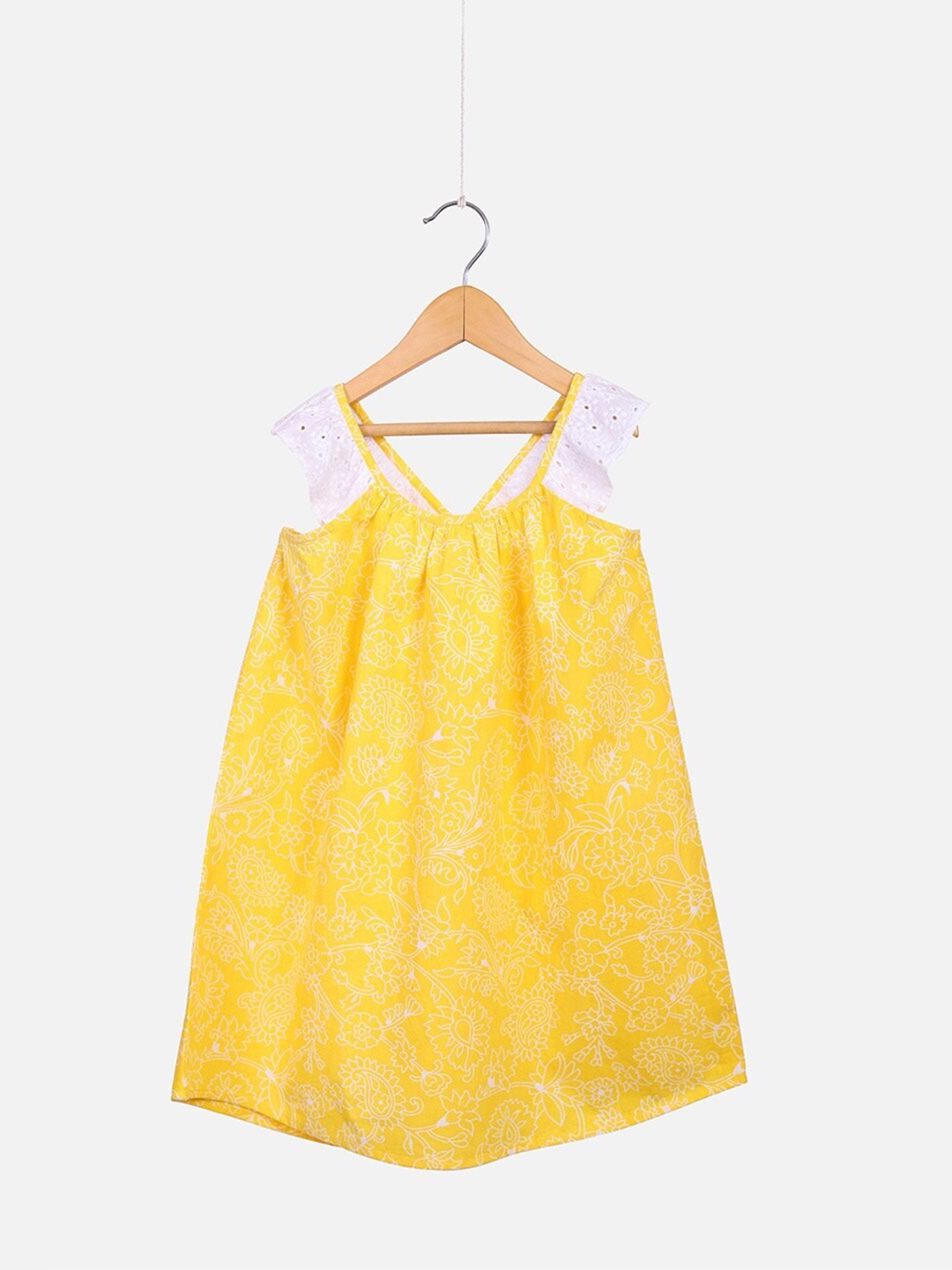 

Fabindia Cotton Flutter Sleeves A-Line Dress, Yellow