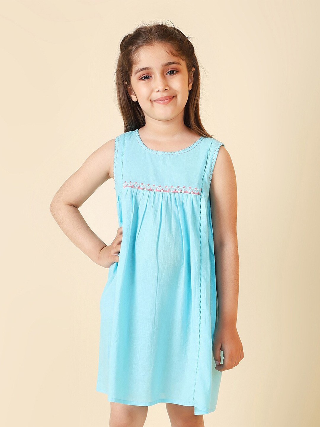 

Fabindia Round Neck Cotton A-Line Dress, Turquoise blue