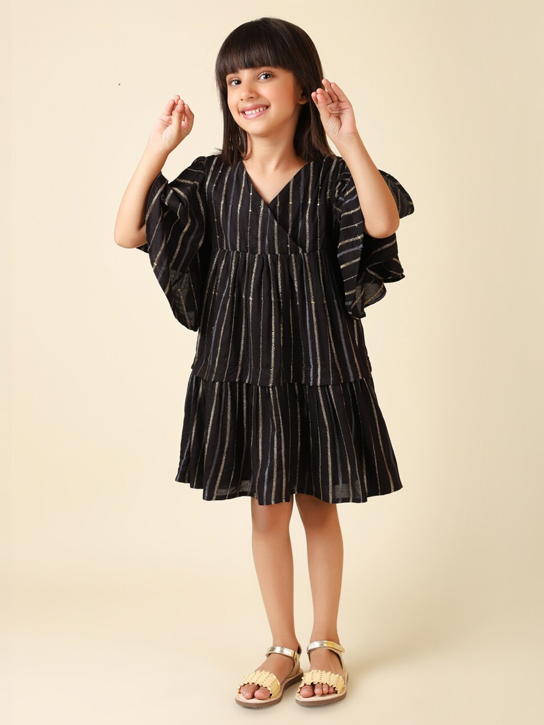 

Fabindia Girls Striped A-Line Dress, Black