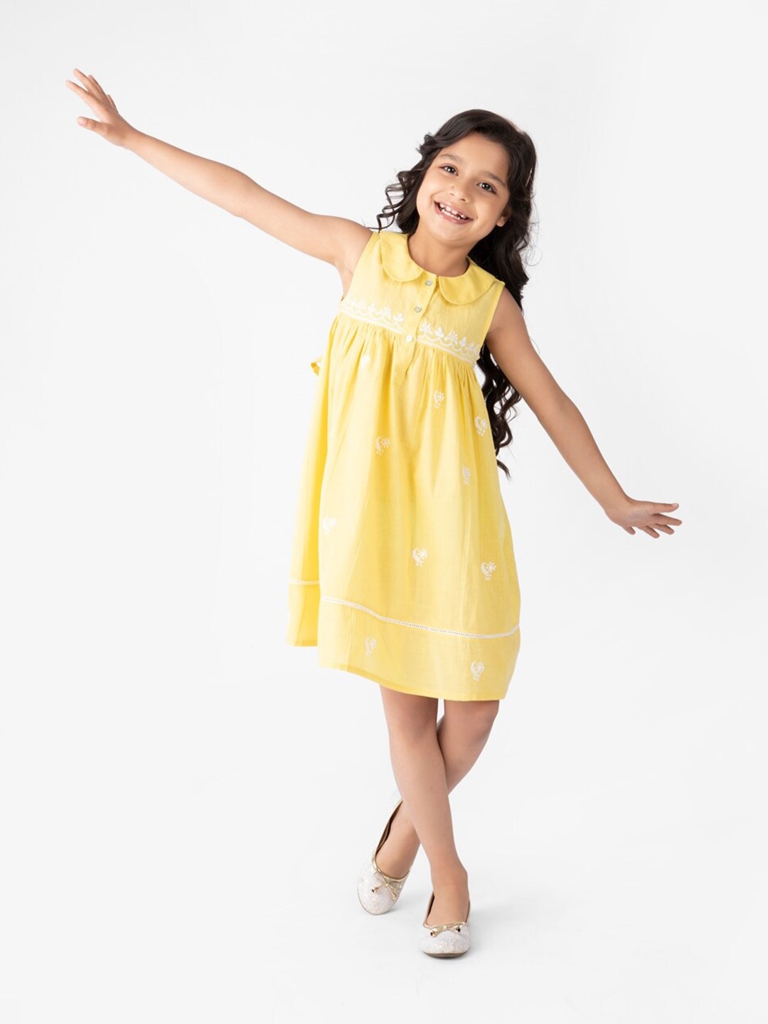 

Fabindia Girls Floral Embroidered Peter Pan Collar A-Line Cotton Dress, Yellow