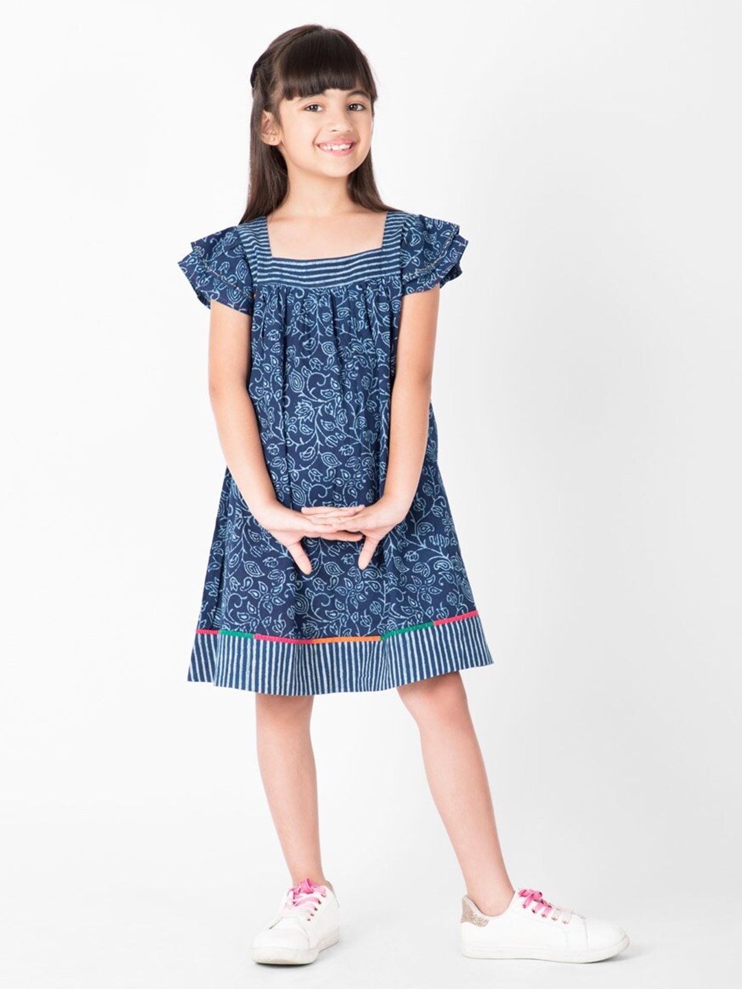 

Fabindia Floral Printed Cotton A-Line Dress, Blue