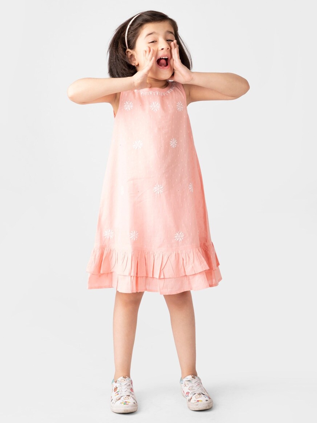 

Fabindia Girls Floral Embroidered A-Line Cotton Dress, Pink