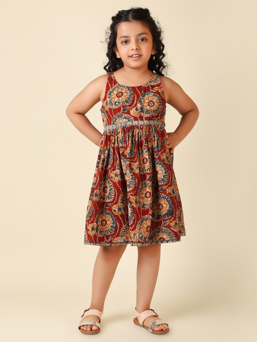 

Fabindia Hand Block Ethnic Motifs A-Line Cotton Dress, Maroon