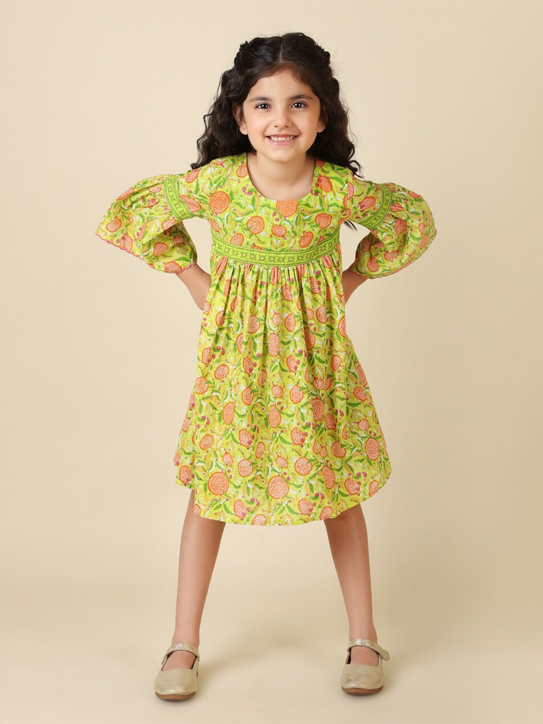 

Fabindia Floral Tie-Up Neck A-Line Cotton Dress, Green