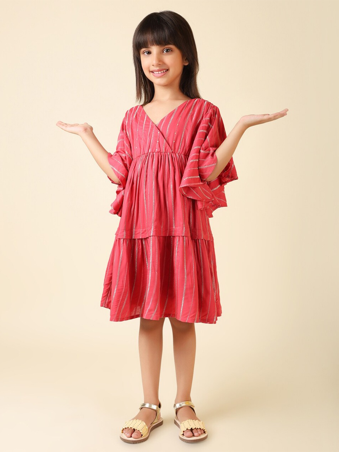 

Fabindia Flared Sleeves Wrap Dress, Pink