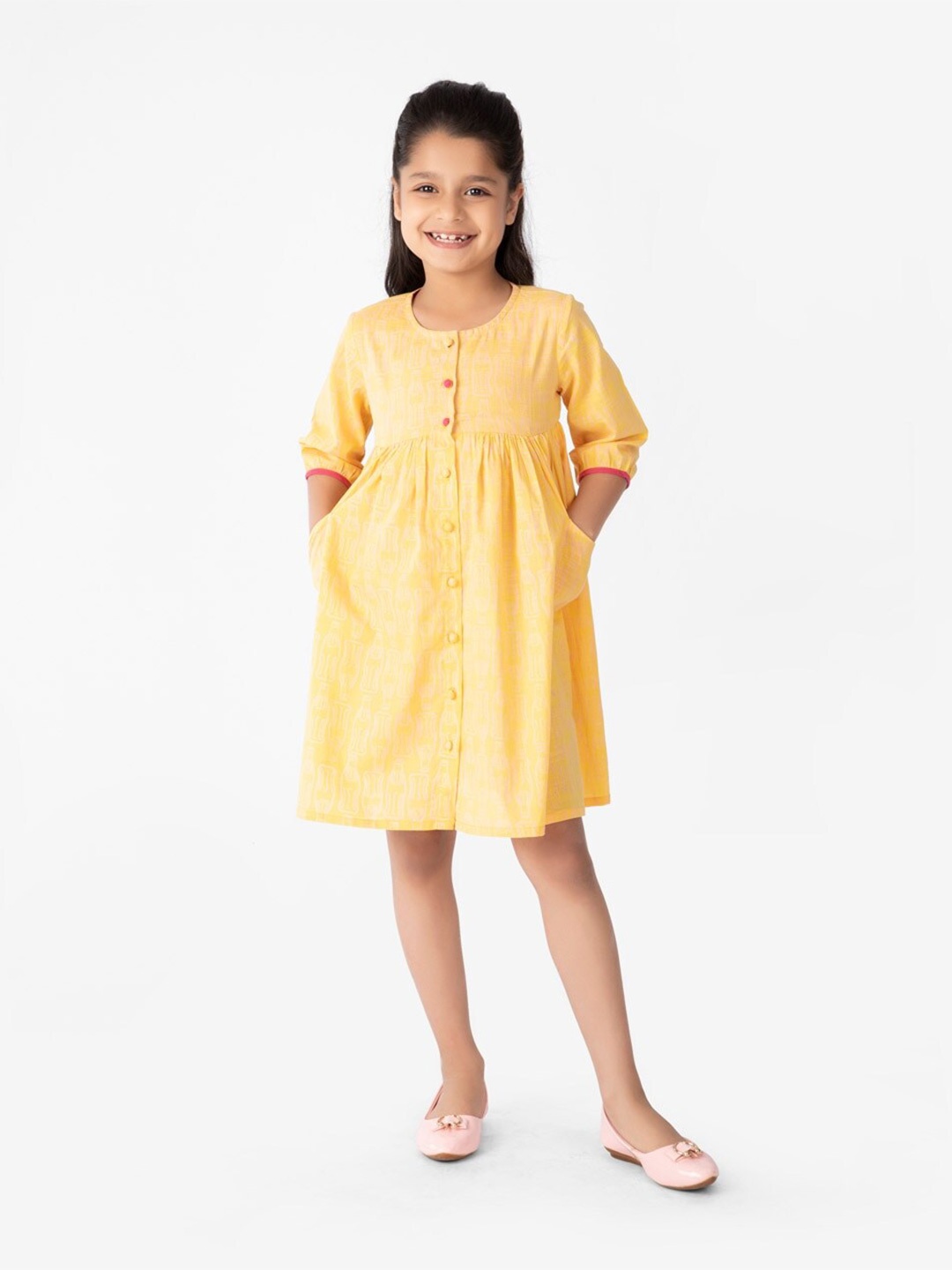 

Fabindia Hand Block Print Shirt Cotton Dress, Yellow