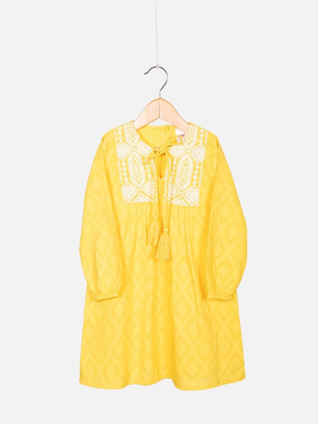 

Fabindia Ethnic Motifs Tie-Up Neck Empire Cotton Dress, Yellow