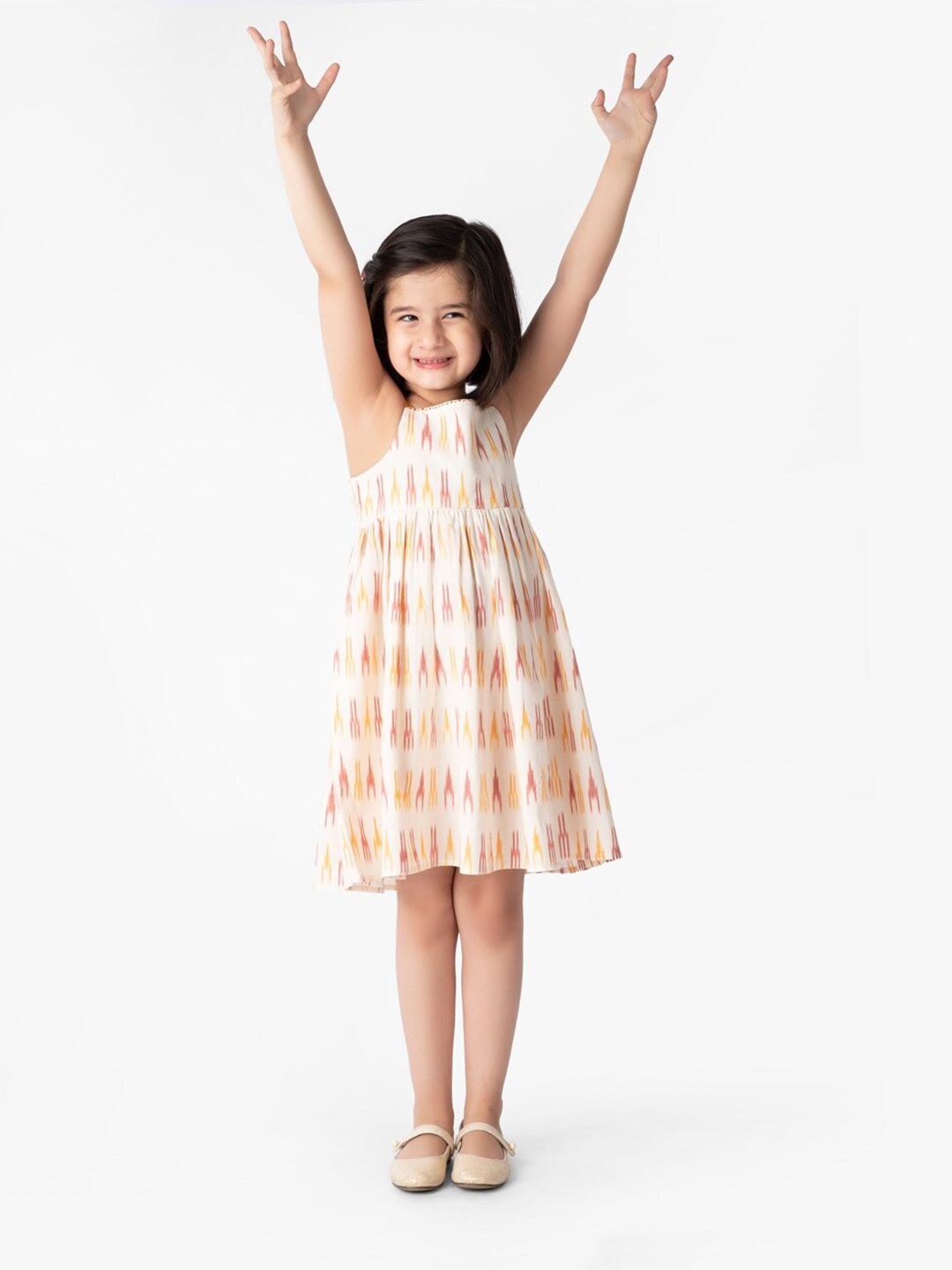 

Fabindia Girls Ethnic Motifs Cotton Empire Dress, Off white