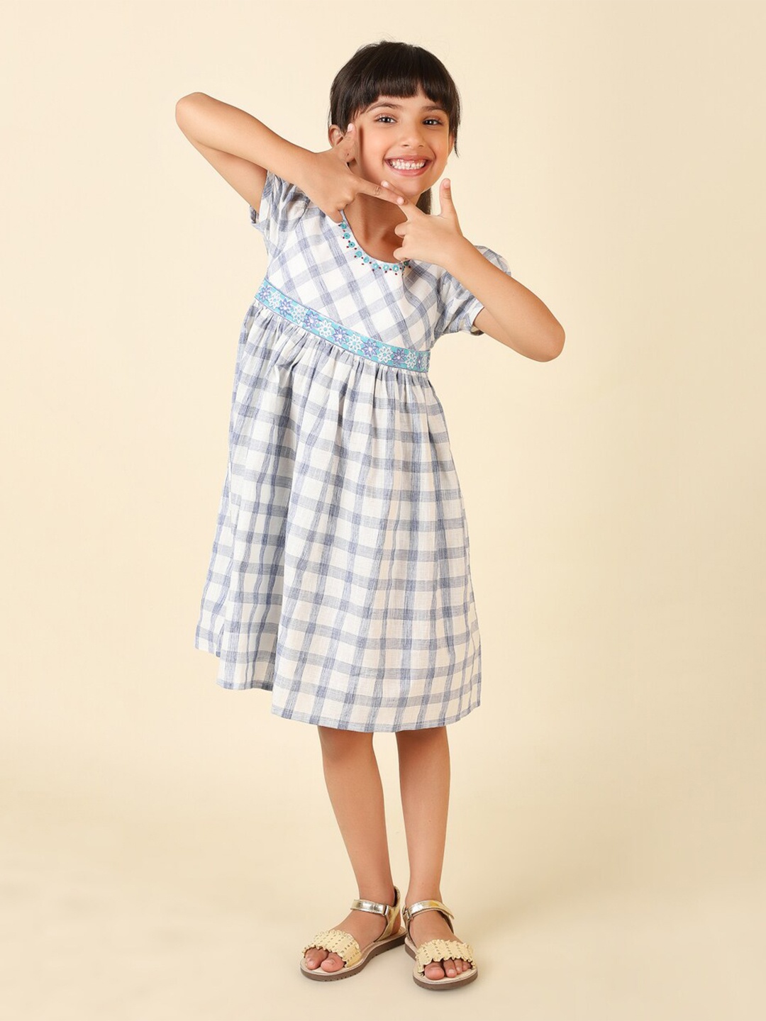 

Fabindia Girls Checked Cotton Empire Dress, Blue