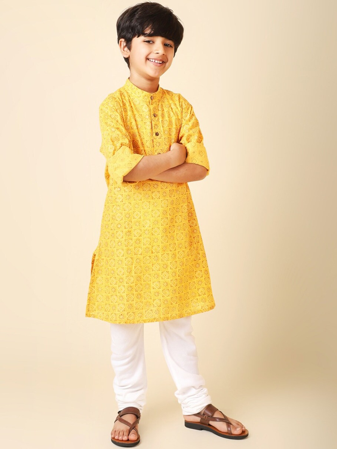 

Fabindia Boys Ethnic Motifs Printed Cotton Kurta, Yellow