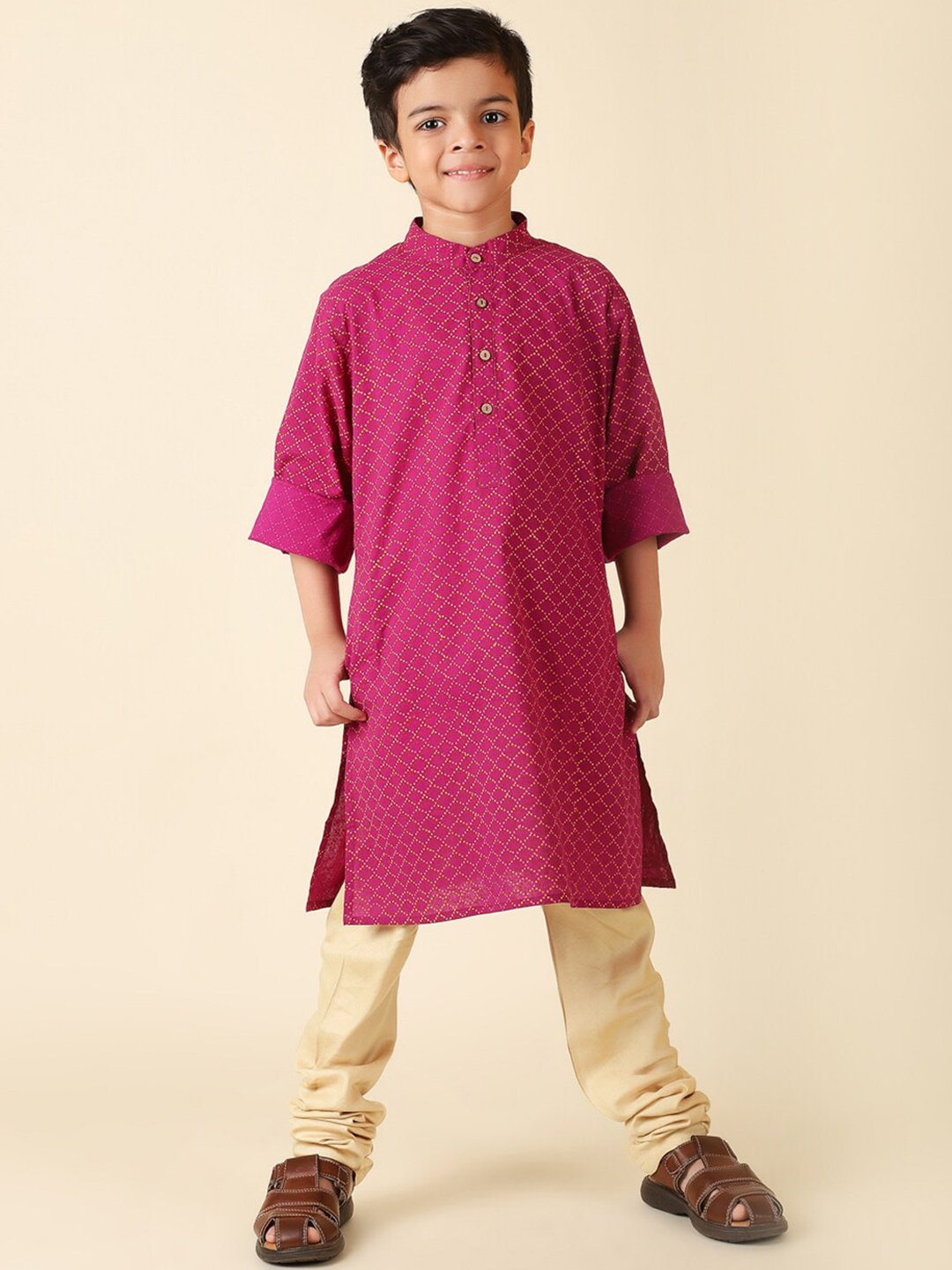 

Fabindia Boys Mandarin Collar Block Print Kurta, Purple