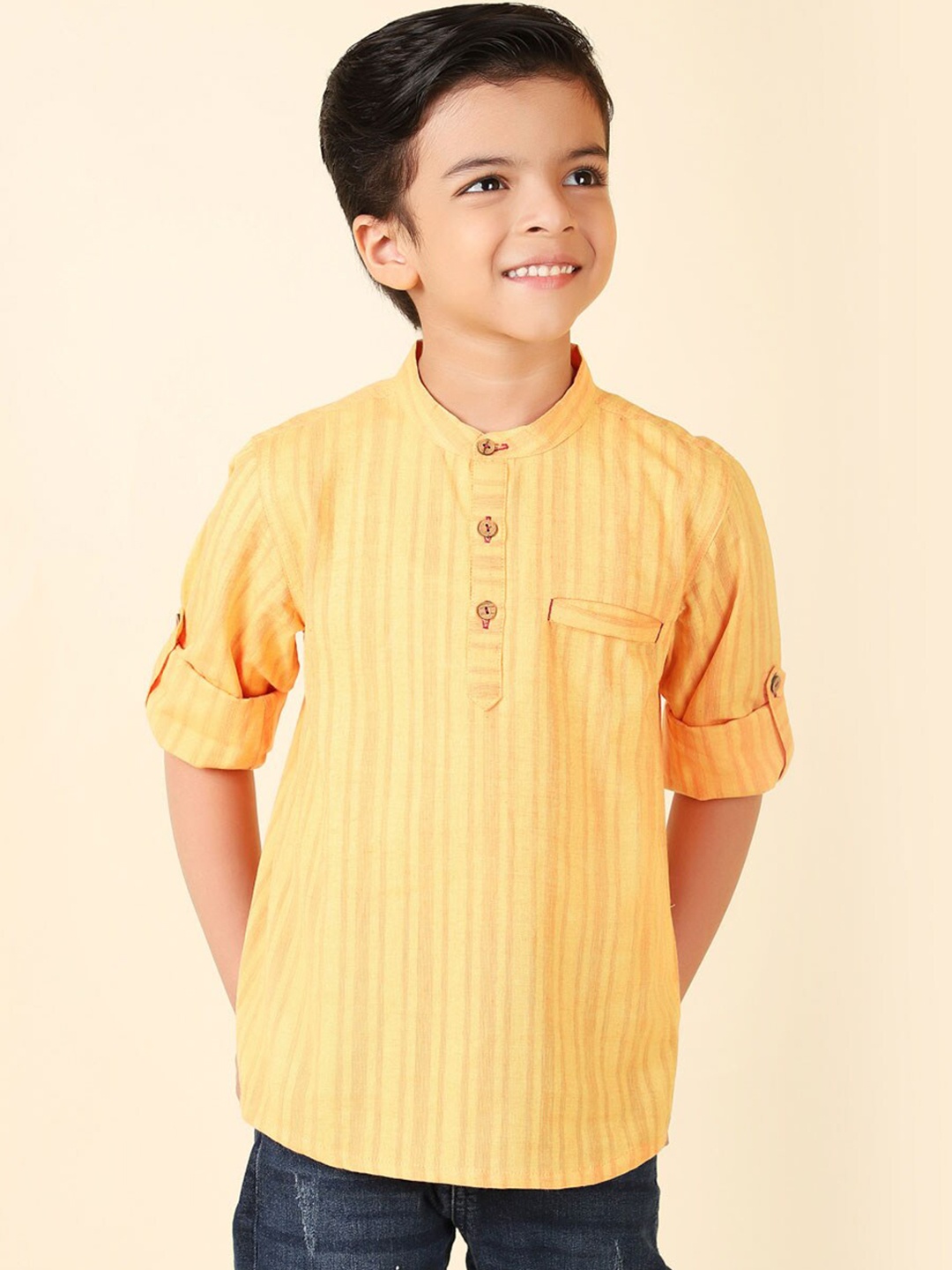 

Fabindia Boys Striped Cotton Kurta, Yellow