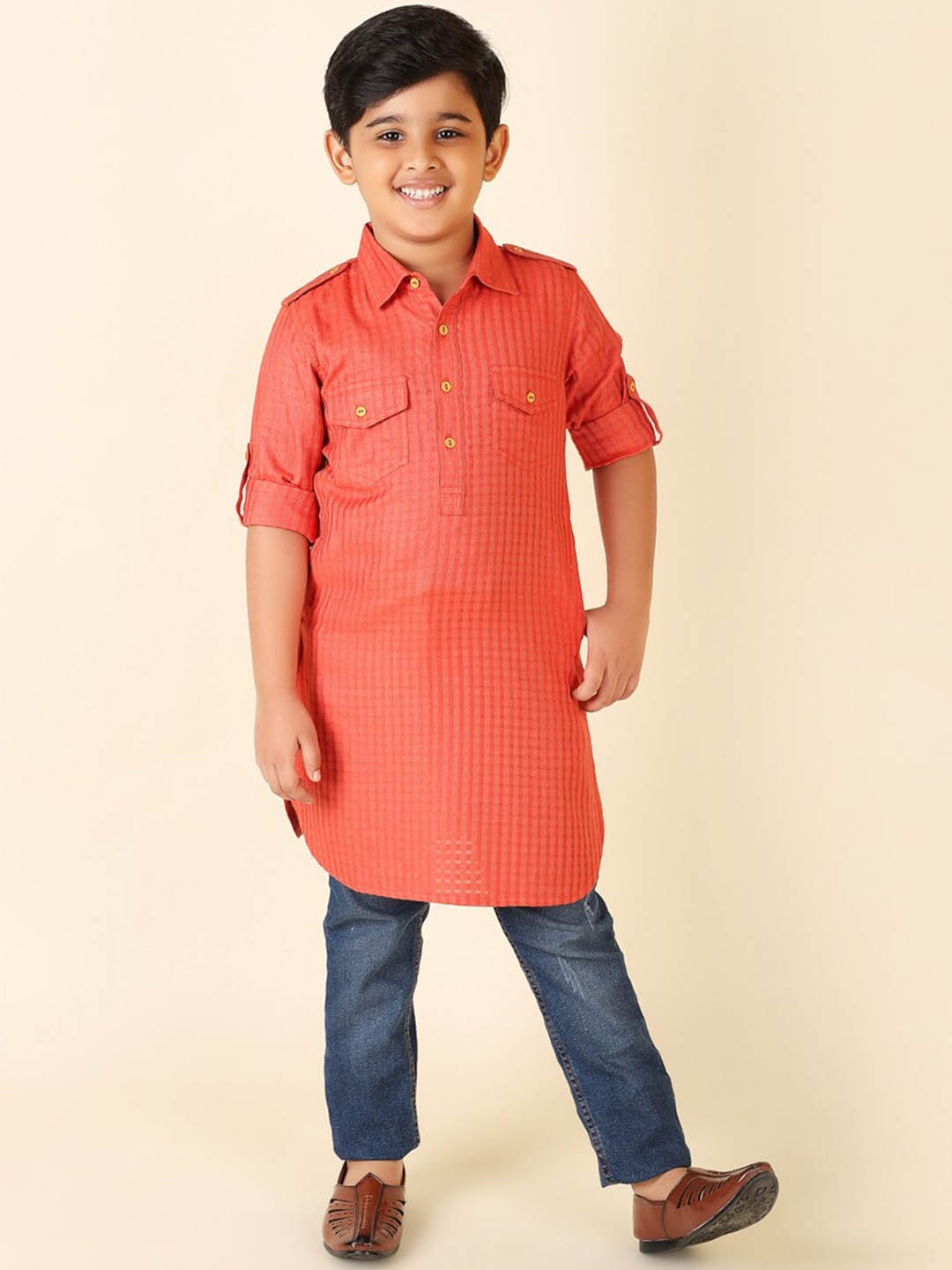 

Fabindia Boys Orange Striped Thread Work Pathani Kurta