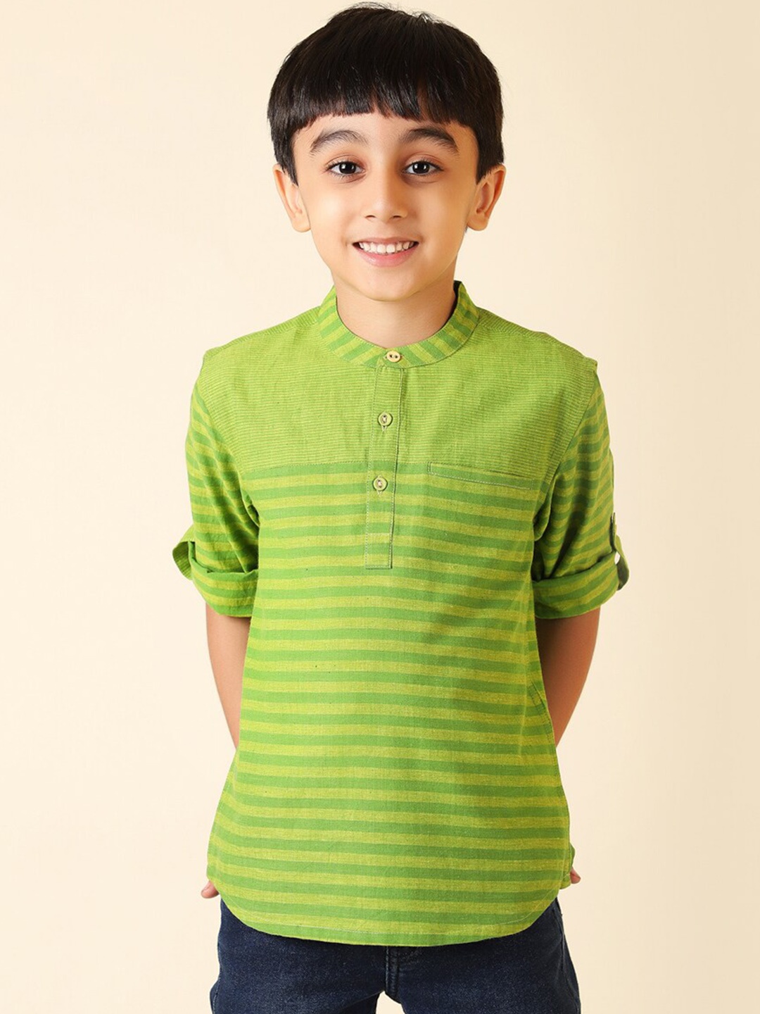 

Fabindia Boys Mandarin Collar Cotton Kurta, Green