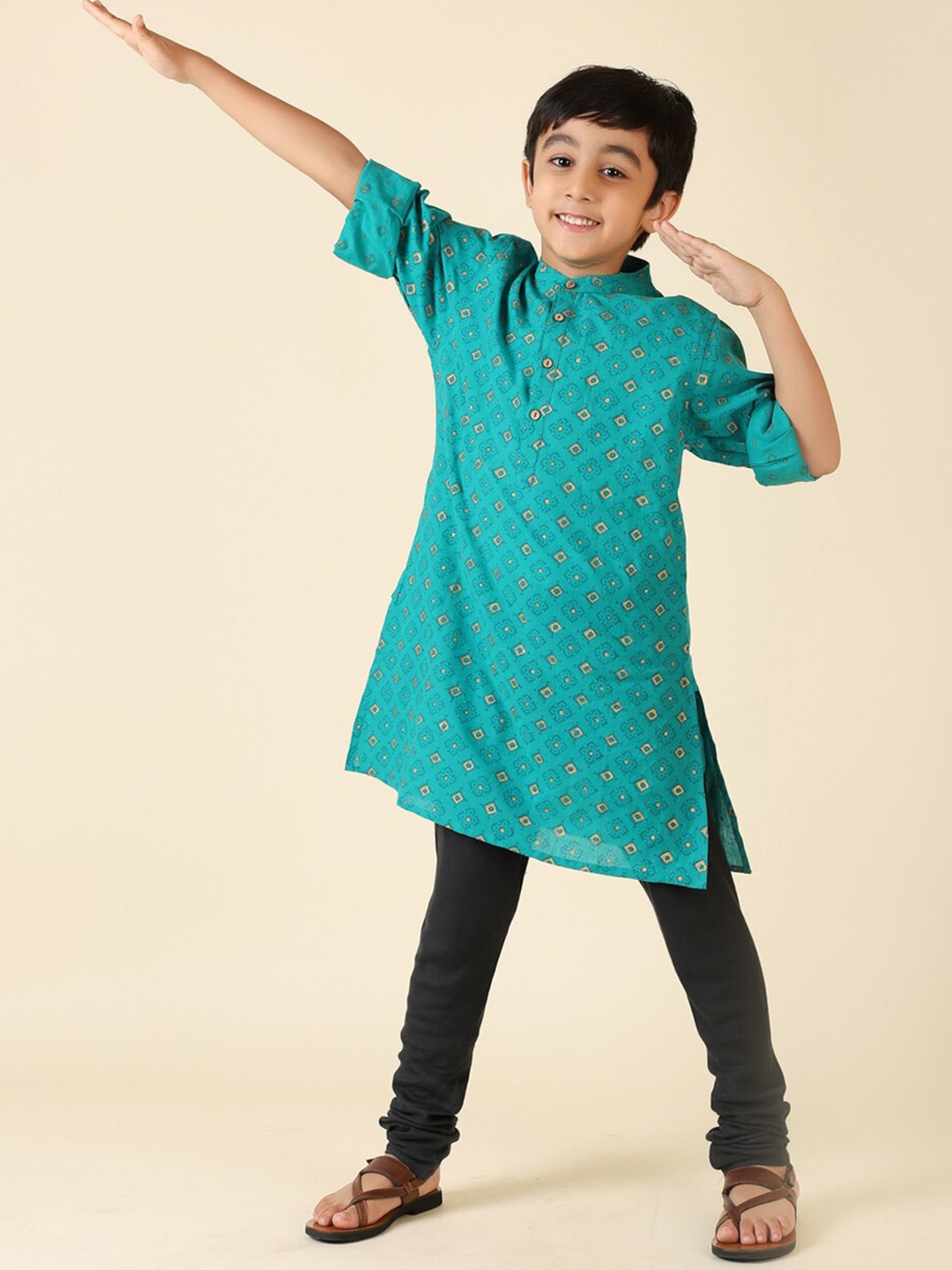 

Fabindia Boys Ethnic Motifs Printed Kurta, Turquoise blue
