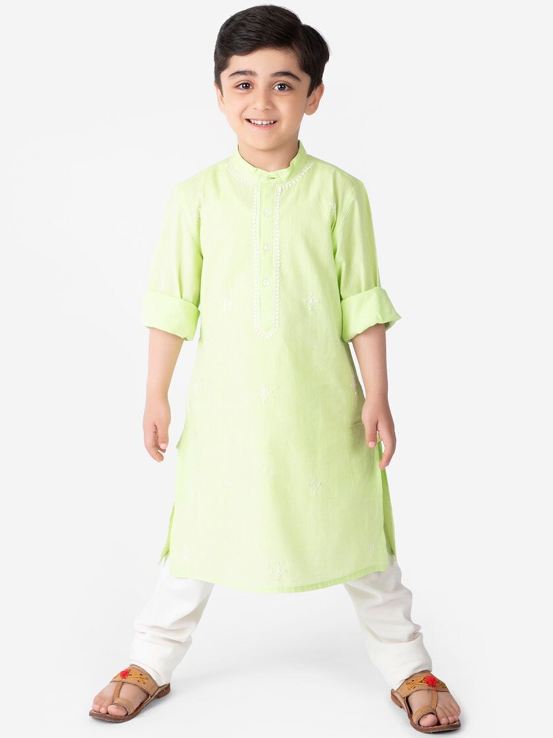

Fabindia Boys Ethnic Motifs Embroidered Thread Work Cotton Kurta, Lime green
