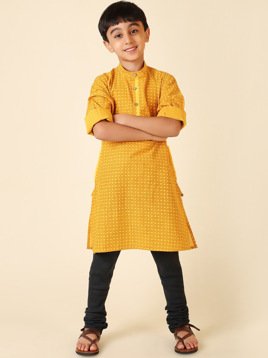 

Fabindia Boys Ethnic Motifs Printed Cotton Kurta, Mustard