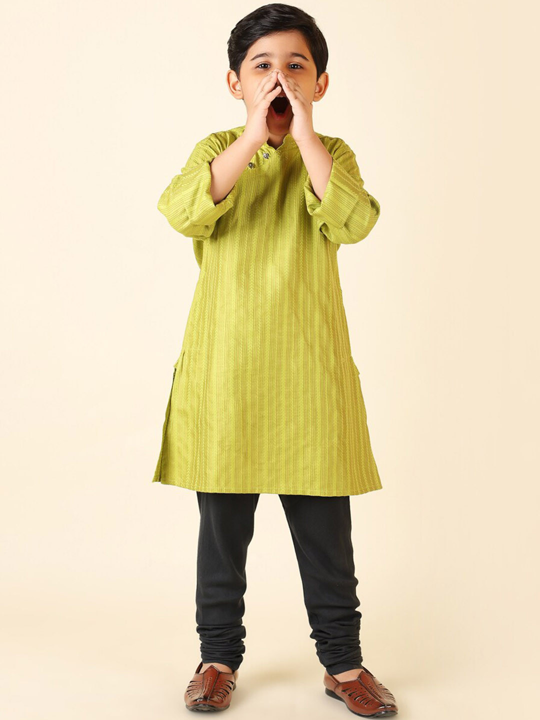 

Fabindia Boys Striped Regular Knee Length Kurta, Green