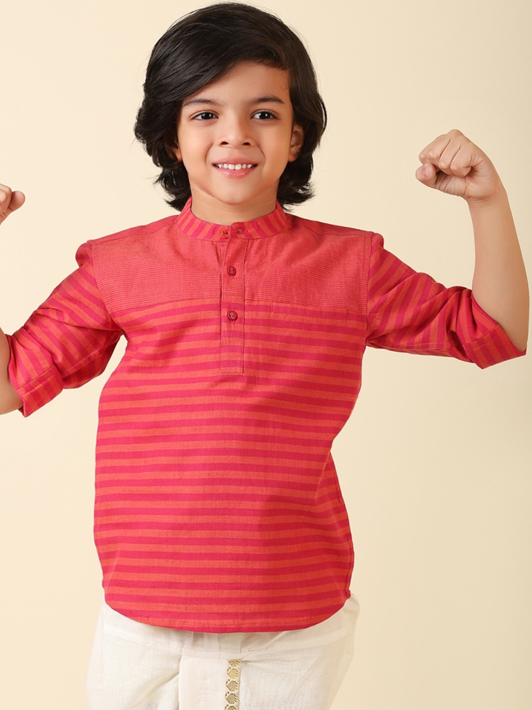 

Fabindia Boys Striped Mandarin Collar Cotton Kurta, Pink