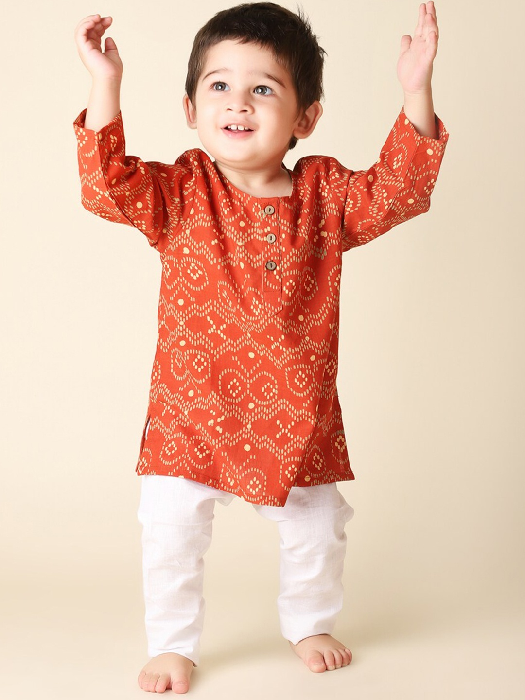 

Fabindia Boys Ethnic Motifs Printed Straight Cotton Kurta, Rust
