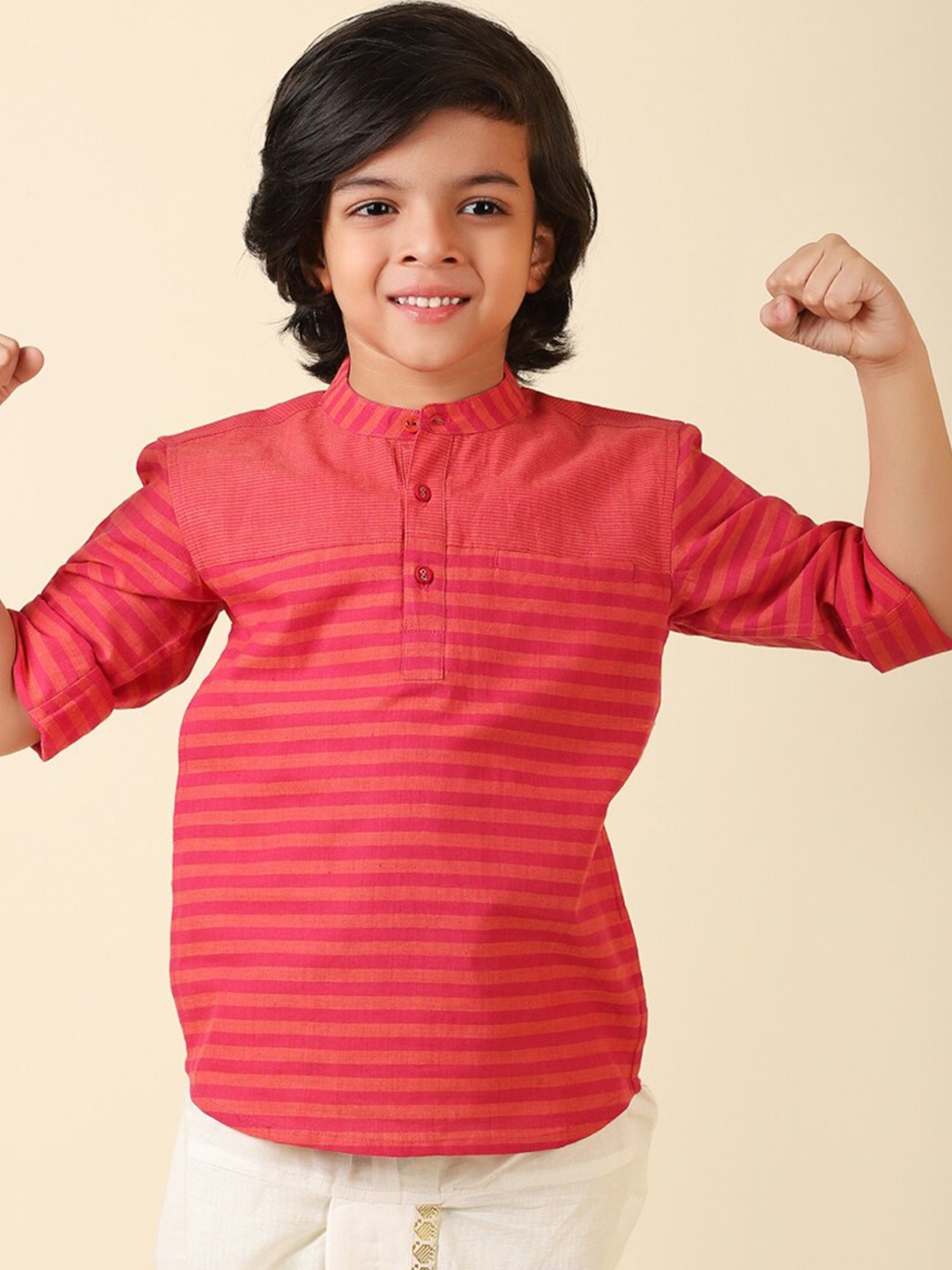 

Fabindia Boys Striped Straight Fit Cotton Kurta, Pink