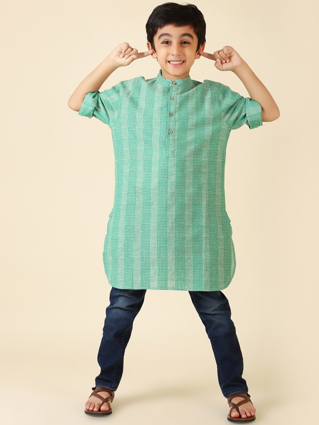 

Fabindia Boys Striped Cotton Kurta, Green