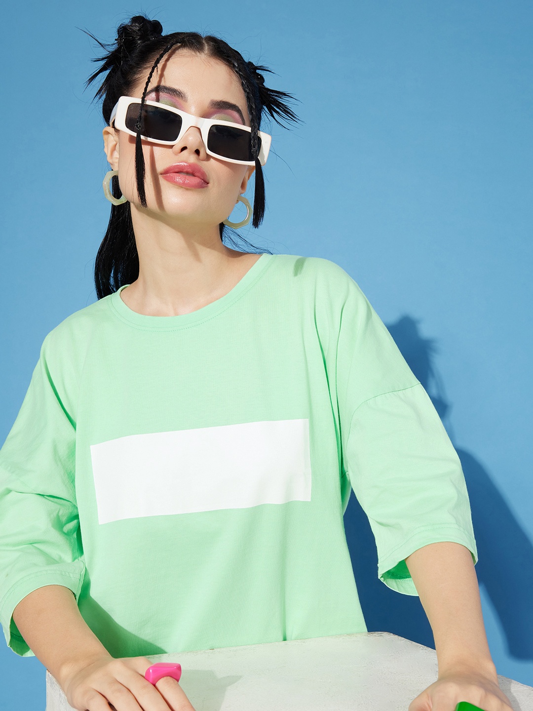 

StyleCast Women Pure Cotton Colourblocked Drop-Shoulder Sleeves Boxy T-shirt, Green