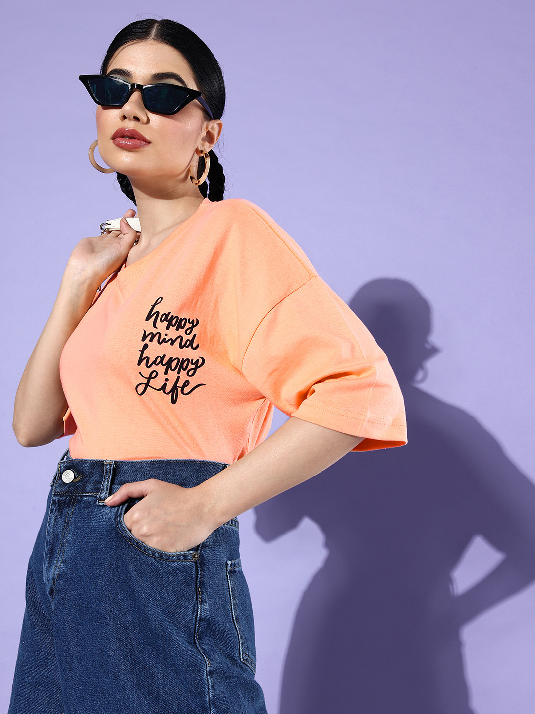 

StyleCast Women Typography Print Drop-Shoulder Sleeves Pure Cotton Boxy T-shirt, Orange