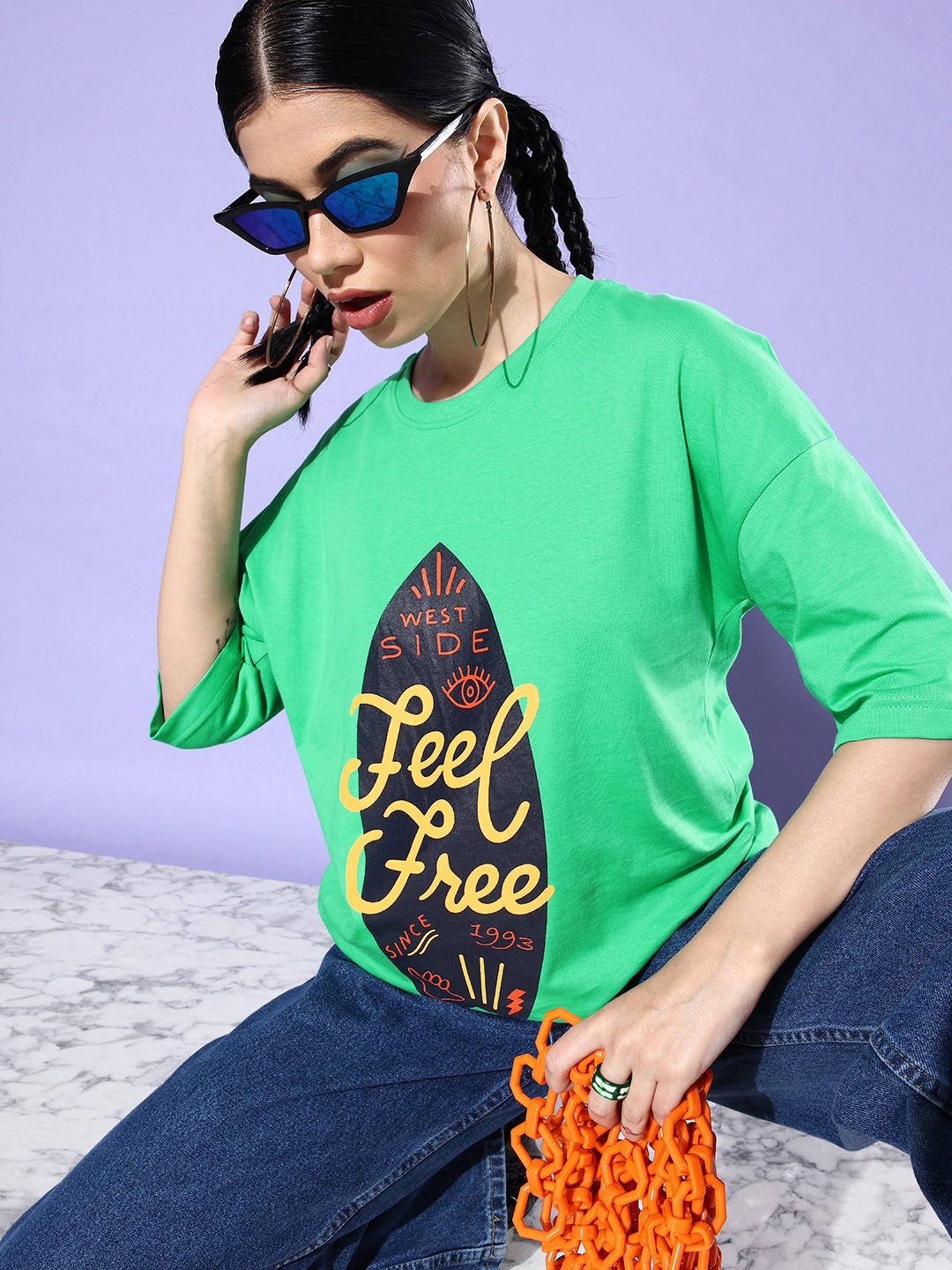 

StyleCast Women Printed Drop-Shoulder Sleeves Pure Cotton Boxy T-shirt, Green