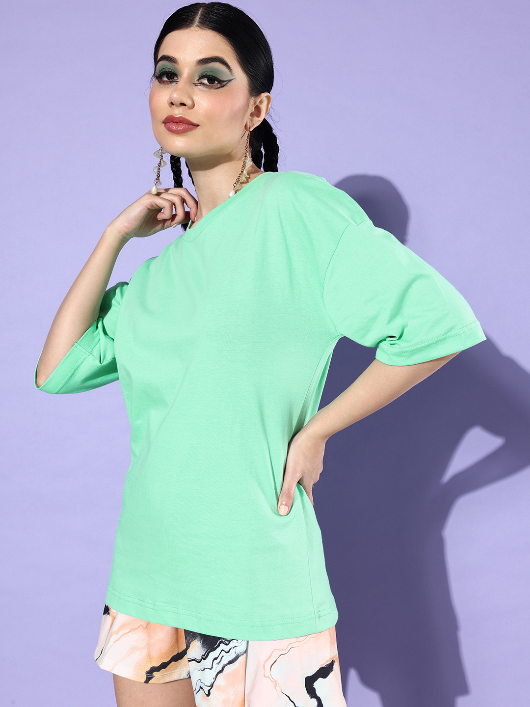 

StyleCast Women Solid Drop-Shoulder Sleeves Pure Cotton Boxy T-shirt, Green